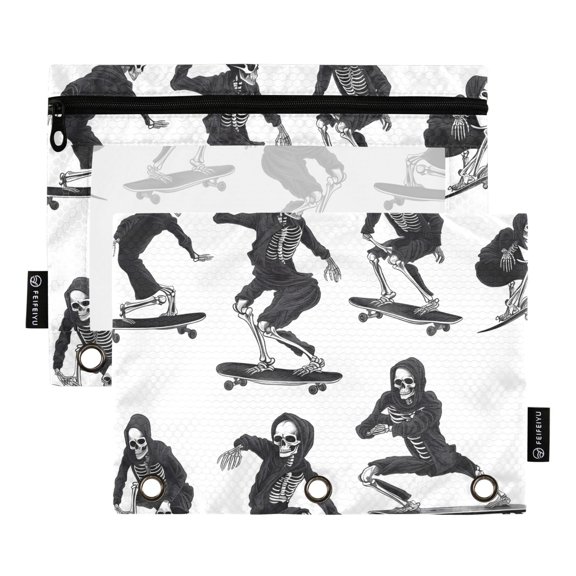 2 Pack Pencil Pouch for 3 Ring Binder Zipper Pencil Case Skeletons with Skateboard Clear Window Pencil Bag Organizers
