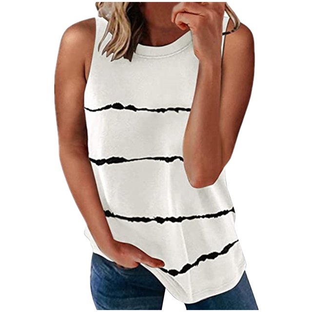MRULIC T-Shirts pour Femmes Mode T-shirt Sans Manches Ample Col Rond Imprimé Rayé Hauts T-Shirts pour Femmes Blanc + US:4-6