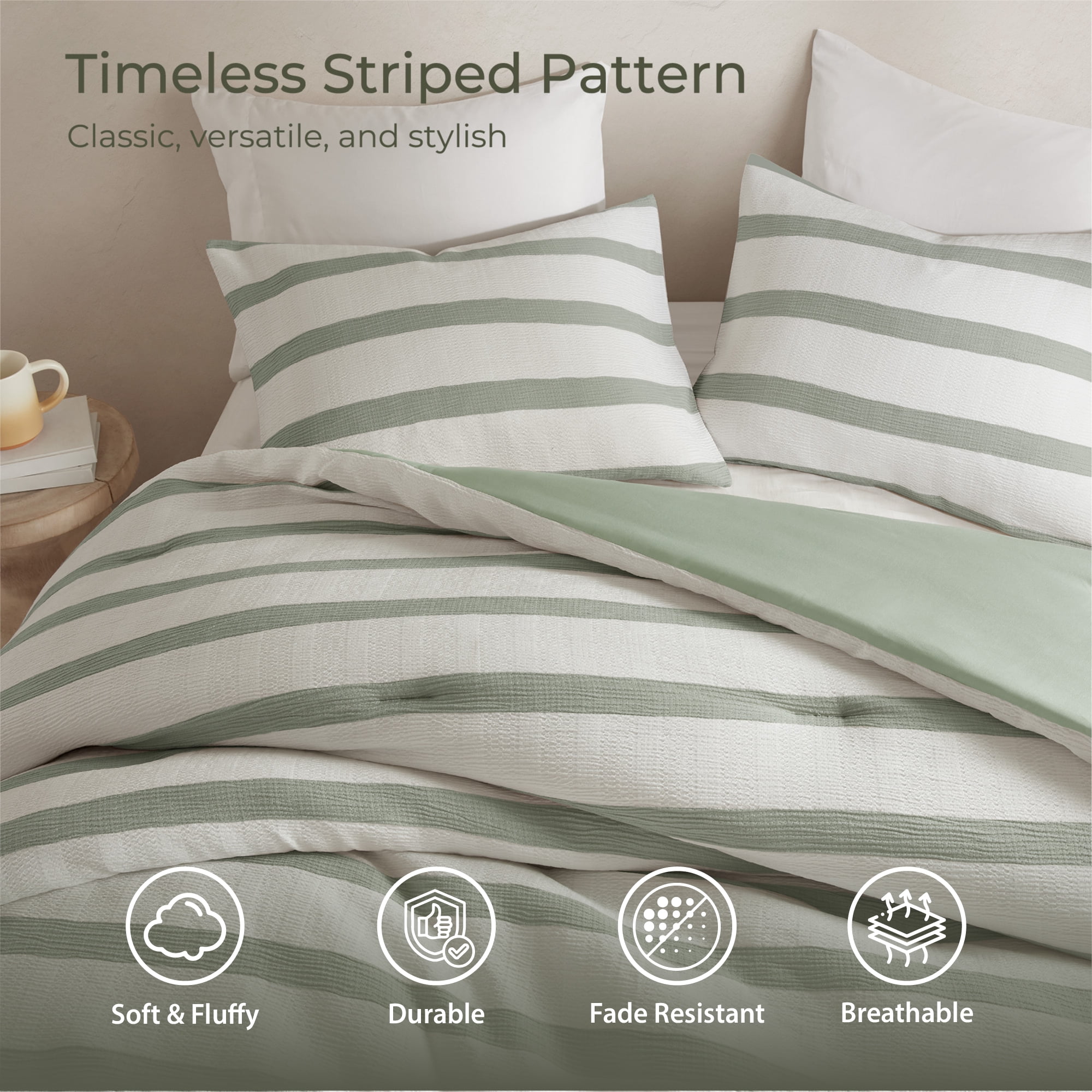 Regency Heights King/Cal King Comforter Set, Striped Texture Bedding Comforter Sets, 3 Pieces Tonal Stripes Woven Comforter with Pillow Sham, Sage Green