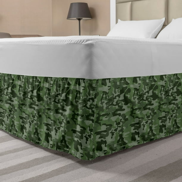 Forest Green Bed Skirt, Abstract Pattern in Green Shades Camouflage