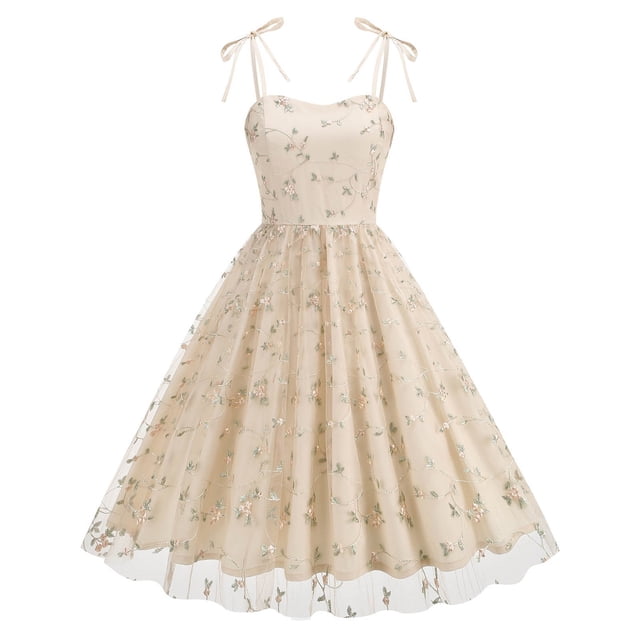 Womens Summer Halloween Bow Camisole Mesh Yarn Embroidery Style Full Dress
