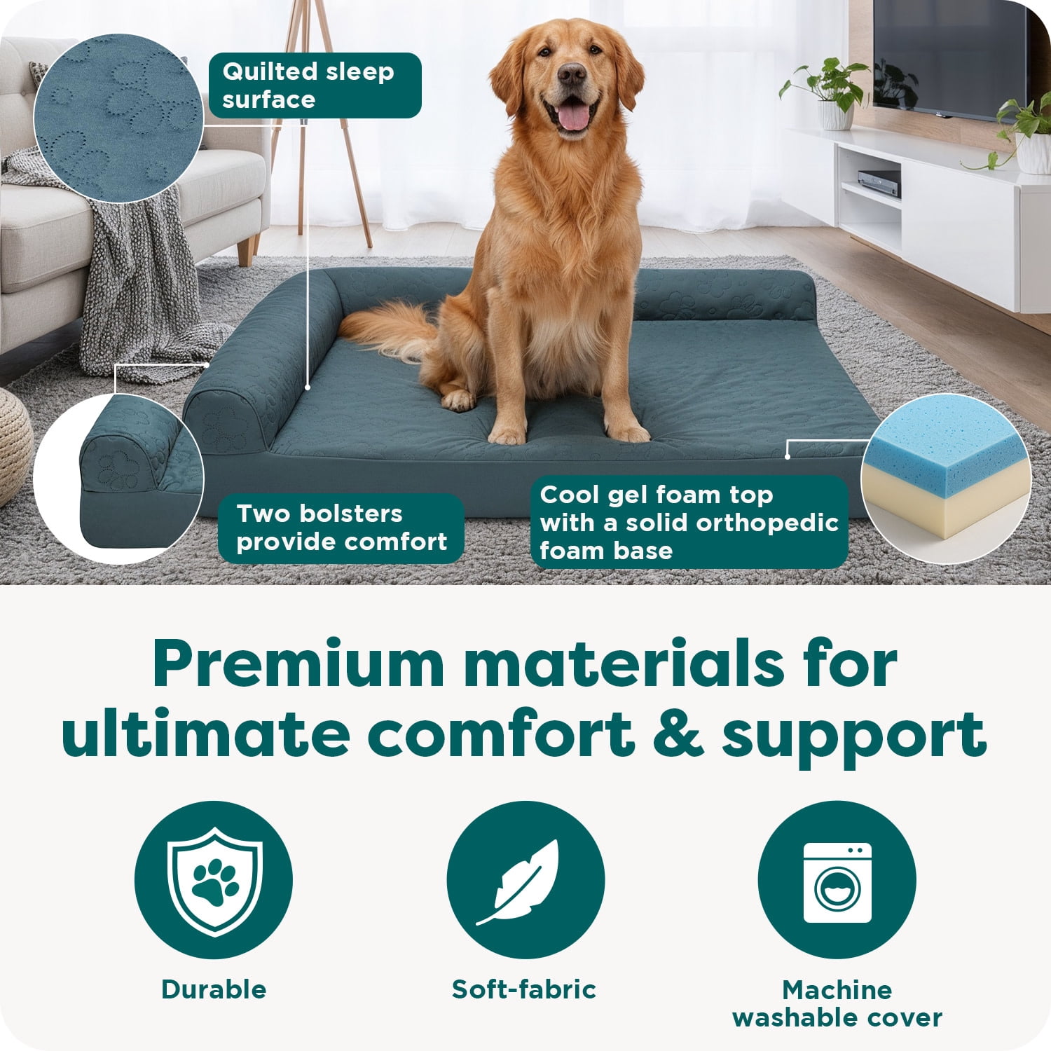 FurHaven Cooling Gel Dog Bed for Large Dogs, L-Shaped Chaise Sofa, Cool Gel-Top Foam with a Solid Orthopedic Foam Base for Joint Support, Removable Washable Cover, Jumbo XL, Pinsonic Quilt, Titanium