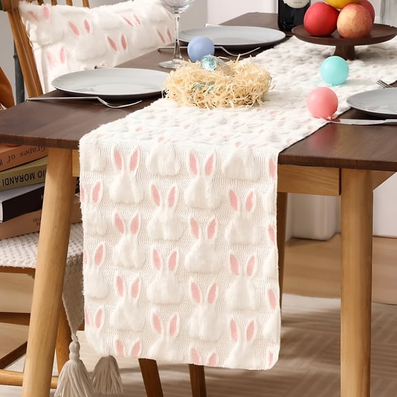 AUQ 2026 New Easter Bunny Jacquard Table Runner 13X72 Inch Bunny Rabbit Designs Soft Plush Faux Fur Table Decoration for Easter for Dining,Table,Party,Home Home Party Runner for Table