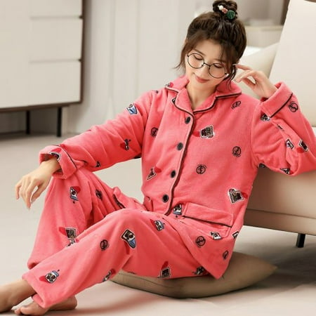 

PIKADINGNIS Women Warm Thick Button Pyjamas Coral Fleece 6XL Long Sleeve Casual Home Wear Autumn Winter Pajama Sets Flannel Sleepwear Set
