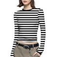 thumbnail image 3 of Aboser Striped Long Sleeve T Shirts for Women Y2k Clothes Slim Fit Basic Tees Casual Round Neck Tshirts Cozy Soft Undershirts Black L, 3 of 7