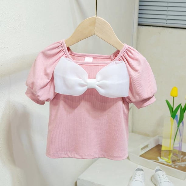 Blusas y camisas de cuello redondo y manga corta Ropa de verano para niñas Camiseta de manga corta de color liso Camisa de base con escote de lazo de moda para niñas Top versátil para niñas Top de alg