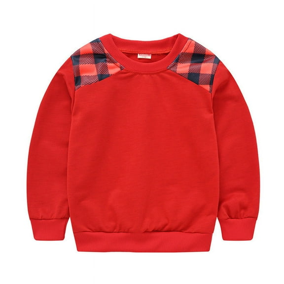 Lenpel Baby Boys' Sweatshirts Crew Neck Long Sleeve Soft Cotton Red Plaid Pullover Tops Fall Winter Clothes