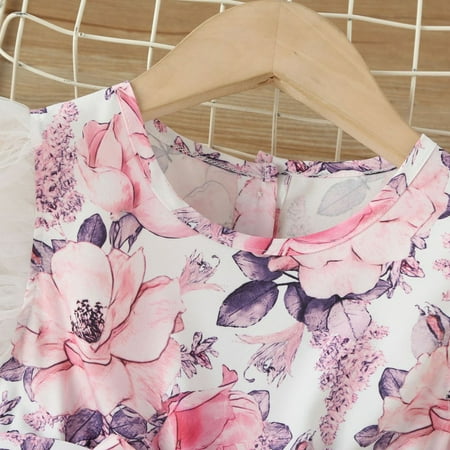 

B91xZ Girls Dresses Kids Girls Toddler Beach Floral Prints Fly Sleeveless Mesh Tulle Princess Girls Dress Cloths Pink Size 3-4 Years