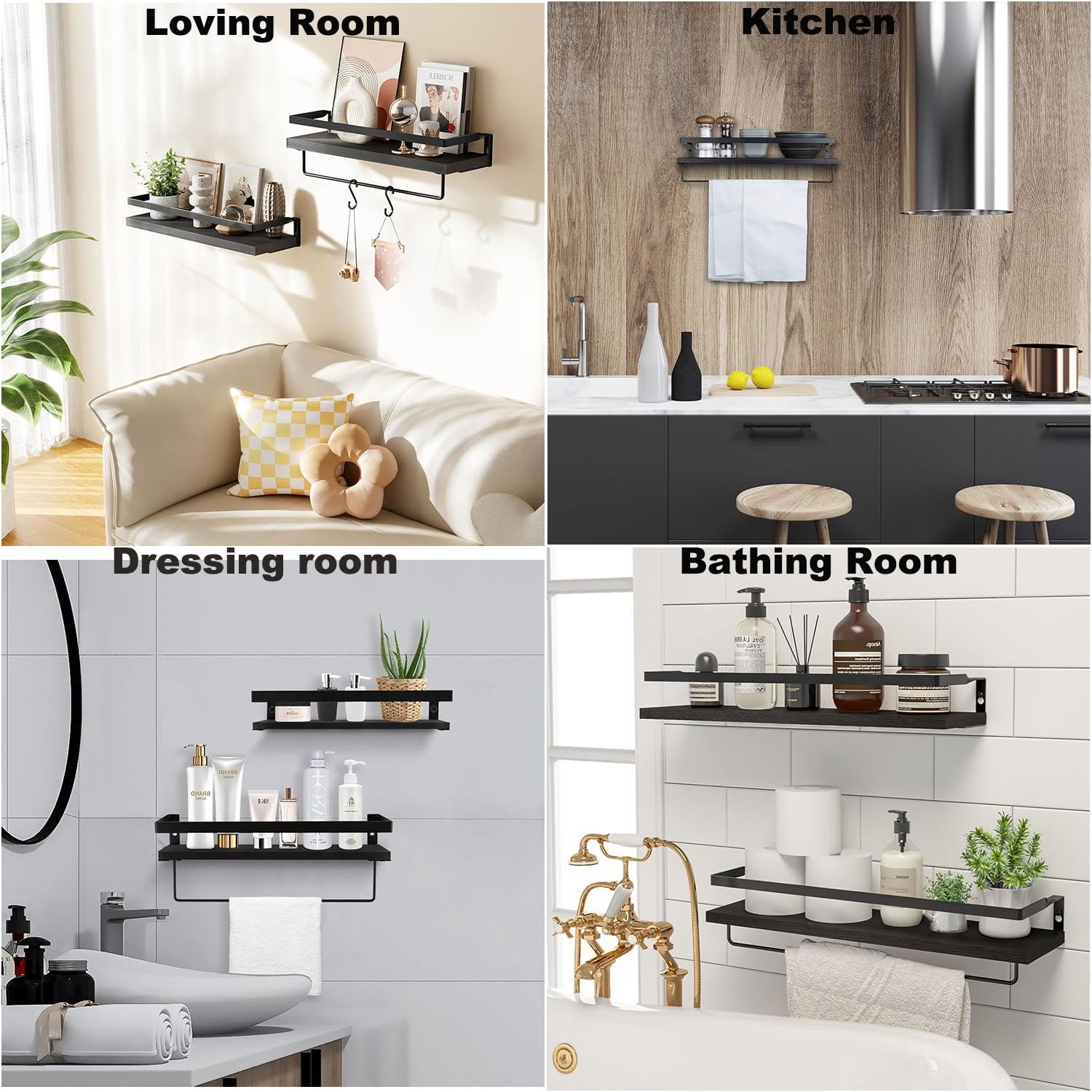 16" Black Wall-Mounted Floating Shelves W/Rack & Towel Bar, Home Decor 2-Tier Wood Storage Shelf for Livingroom Kitchen Bedroom, Bathroom Shelves Over The Toilet