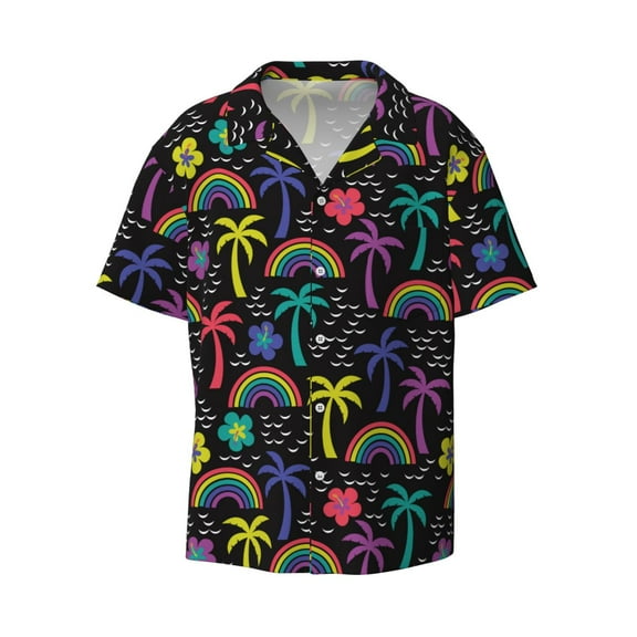 Xecao offers the Colorful Palms for Men's Casual Short-sleeved Shirt, a button-up collared shirt with a pocket, perfect for beach vacations and yacht travel in the Small size.