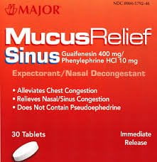 Major Mucus Relief Sinus Expectorant/Nasal Decongestant Tablets, 10mg/400mg, 30 Count