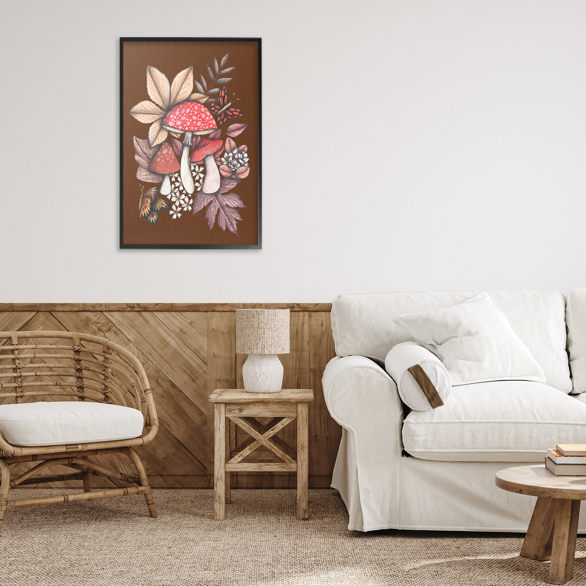 Autumnal Mushrooms Magic Black Framed Giclee Art, design by Cecilia Battaini