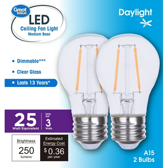 Great Value LED Ceiling Fan Bulb, 3-Watt (25W Eqv.) A15 Shape E26 Base Daylight, 2 Pack, CA