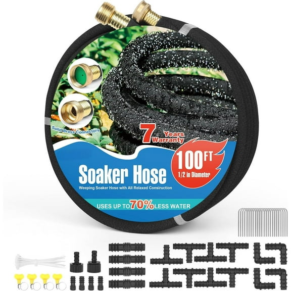 Soaker Hose 100FT Heavy Duty Rubber Saves 75% Water End Cap Included for Additional Hose Connect Great for Gardens/Flower Beds