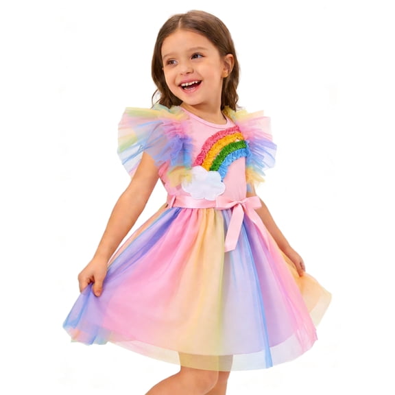 Toddler Girls Summer Tutu Dress Tulle Dresses Rainbow Sundress with Ruffled Sleeveless & Belt Party Princess Outfit for 3-4 T Kids, Rainbow