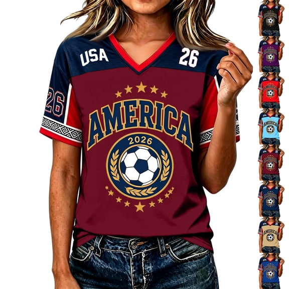 2026 New USA Soccer Jersey Women, United States Jersey Soccer, Jersey USA V Neck Short Sleeve Football Shirt, USA Flag Soccer Jersey for Adult(Wine, 2XL)