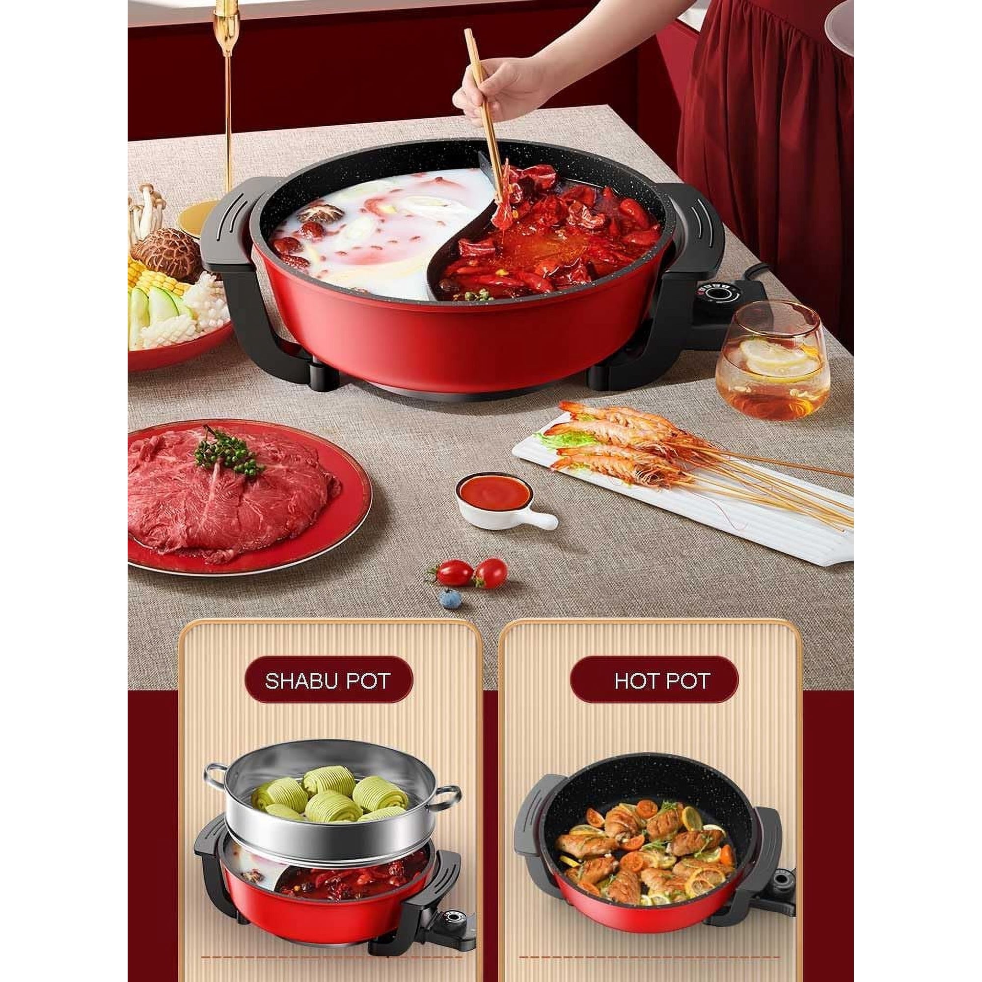 Electric Griddle Skillet Shabu Shabu Hot Pot Nonstick Cooking Frying Pan 2 Flavor Wok Fast Heat