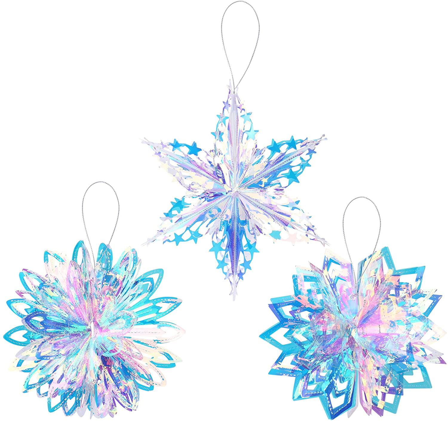~Birthday Party Supplies 3 CHRISTMAS Snowflakes IRIDESCENT HANGING DECORATIONS 