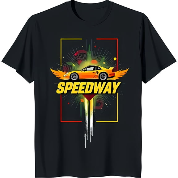 Men's Black T-Shirt with Vibrant Race Car Design and 'SPEEDWAY' Print