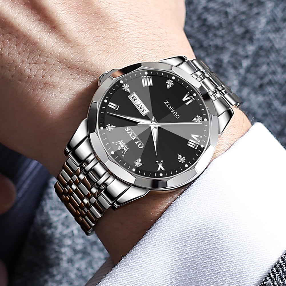 OLEVS Watches for men Diamond Business Dress Luxury Casual Analog Quartz Stainless Steel Waterproof Luminous Date Men Wrist Watches reloj para hombre Black Dial