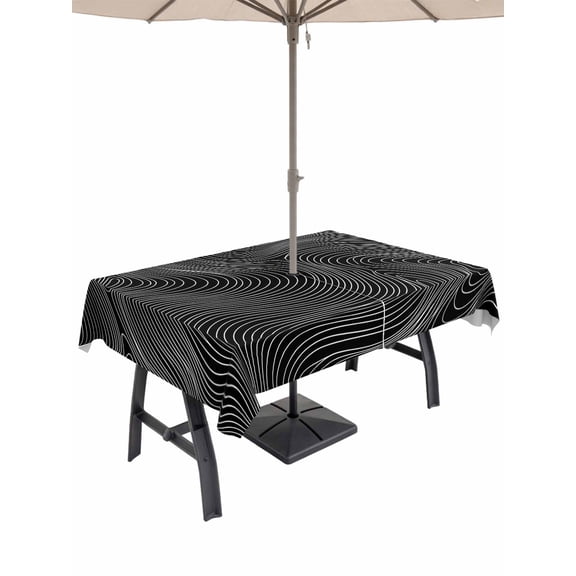 Outdoor Tablecloth with Umbrella Hole for Patio/Picnic/Party/Camping, Black White Striped Waterproof Table Cloth Rectangle Table Cover Washable, Modern Abstract Art Lines Stripes (60"x 102")