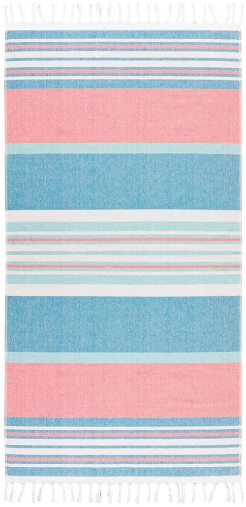 Beachland Large Fringe Beach Towel 32 x 63 inch Sand free Flat Woven in Front and Absorbent Terry on Reverse 100% Premium Cotton Turkish Style
