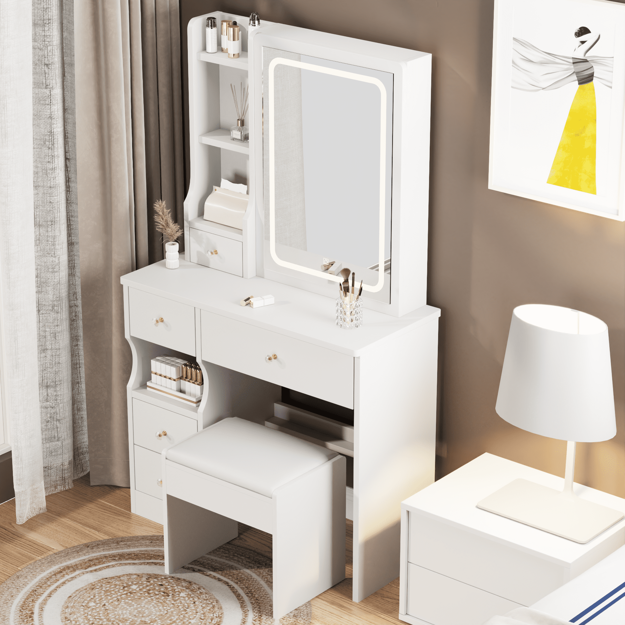 PORKISS Vanity Set with Sliding LED Mirror for Girls, Vanity Desk with Cushioned Stool and 4 Storage Drawers, Multi-Layer Shelves, Dressing Table for Small Bedroom, White