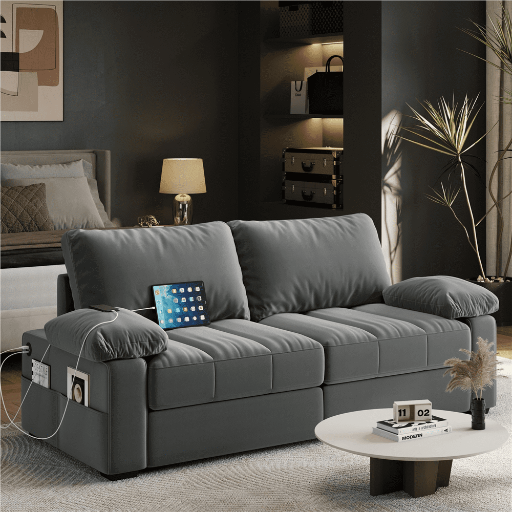 Renwick 2 Seater Velvet Sofa Couch with Pillow Top Arms & USB Charging Ports, Gray