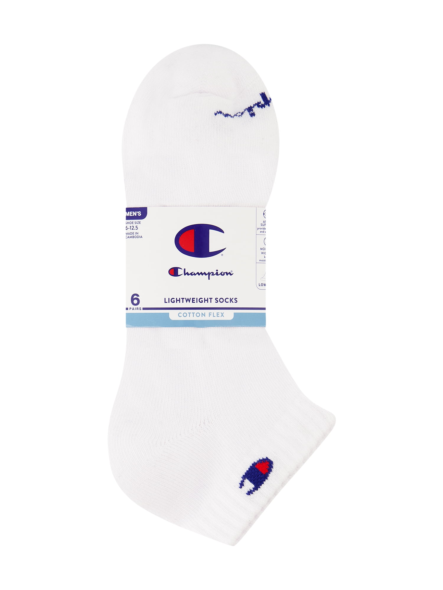 Champion Men’s Lightweight Low Cut Socks 6 Pack, Moisture-Wicking, Arch Support, Stretch Comfort, Sizes 6–12.5