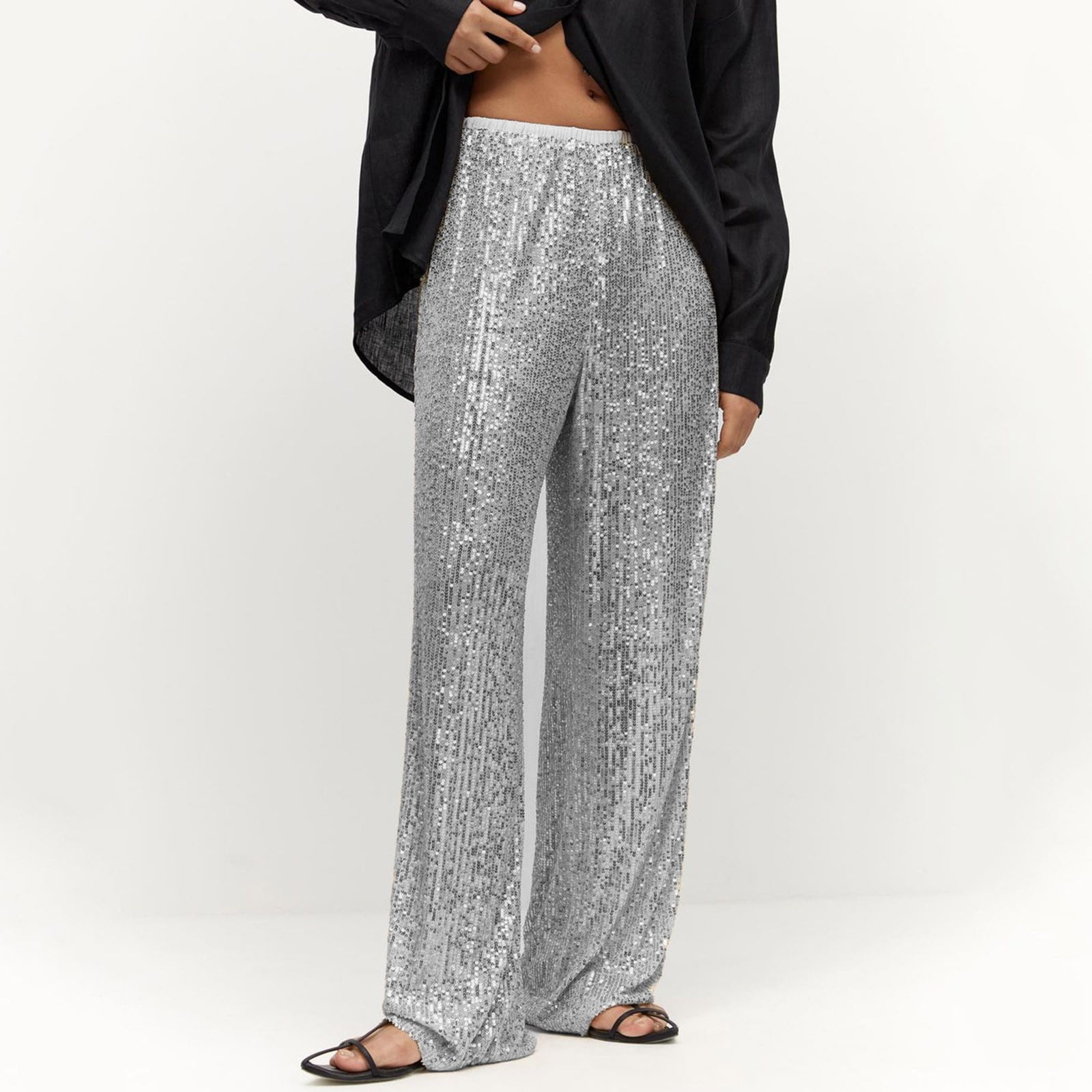 Women's Sequin Pants Shiny Sequins High Waist Wide Leg Flared