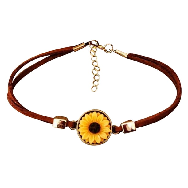 Abanico de pulsera de cuero pulsera de la mujer girasol pulsera retro girasol flores pulsera para las mujeres niñas