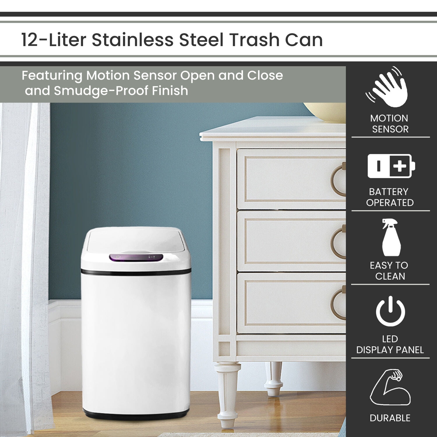 Hanover 12 Liter / 3.2 Gallon Hands Free Trash Can Garbage Bin, Fingerprint resistant, Soft Close, Sensor Lid