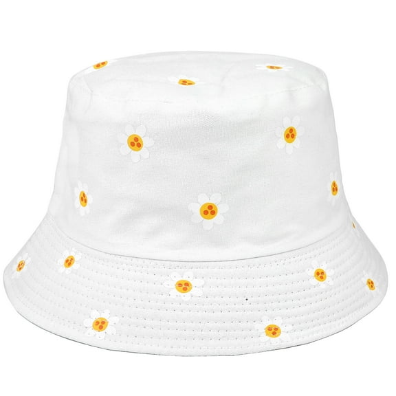 Daisy Flower Reversible Bucket Hat For Men Women Summer Travel Beach Outdoor Fishing Hat 100% Cotton - J876-White