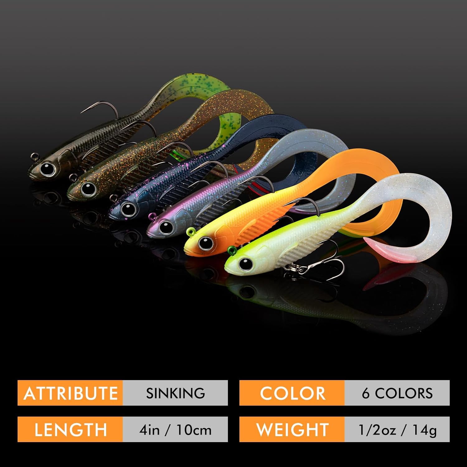 TRUSCEND Duramax Soft Fishing Lures with BKK Hooks, Easy Catch Curly & T-Tail for Trembly Sinking & Vibrating Swim, UV or Glow Effect for All Conditions, Pre-rigged Swimbait for Bass Trout Crappie