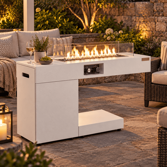 OXYLIFE 40.2 inch Propane Fire Pits Table with Windshield, Volcanic Stone and Rain Cover, White Terrazzo Finish 40,000 BTU Gas Fire Pit Table for Outdoor Fireplace