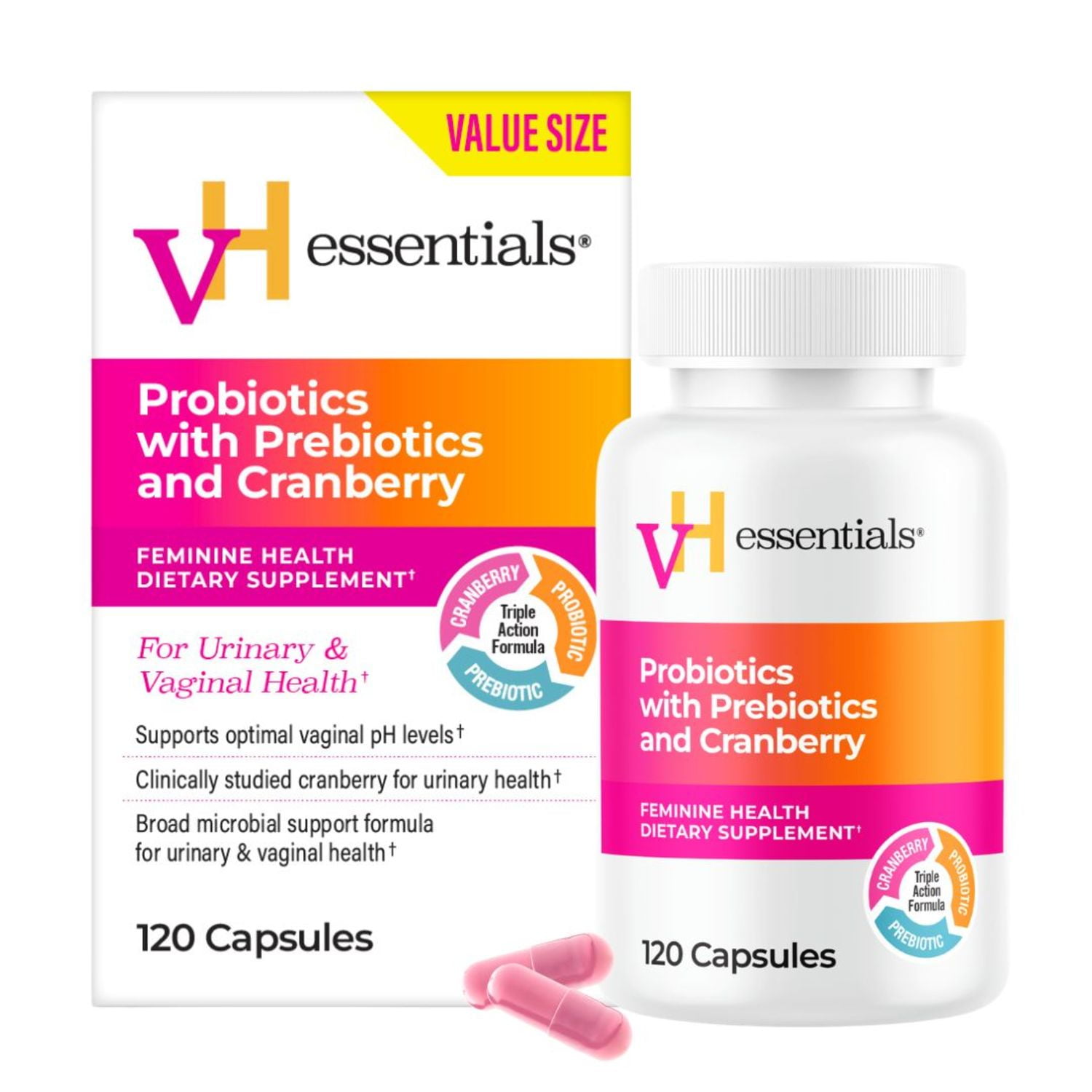 vH Essentials Probiotics for Women with Prebiotics, Cranberry & Vitamin C – 120 Capsules (60-Day Supply)