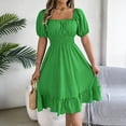 thumbnail image 2 of Lovzfmll Summer Solid Elastic Waist Short Sleeve Casual Mini A-Line Dress for Women with Ruffle Puff Sleeve Loose Crew Neck Green, S, 2 of 6