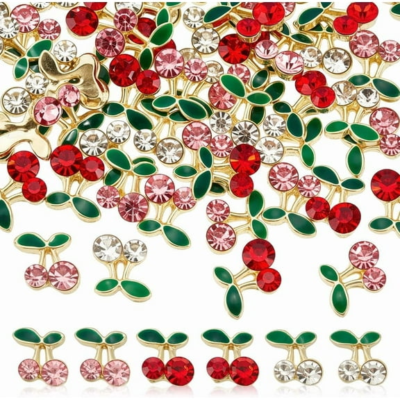 60Pcs Cherry Nail Charms 3 Colors Alloy Rhinestone Cabochons 3D Fruit Shiny Gems Nail Studs 8x10x3.5mm Nail Art Decorations Accessories for DIY handcrafting