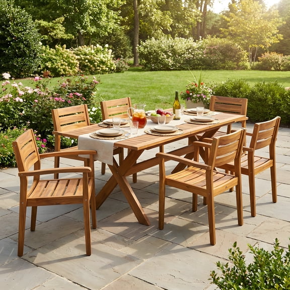 FFZ 7-Piece Acacia Wood Outdoor Dining Set with Expandable Table and 6 Chairs, Teak