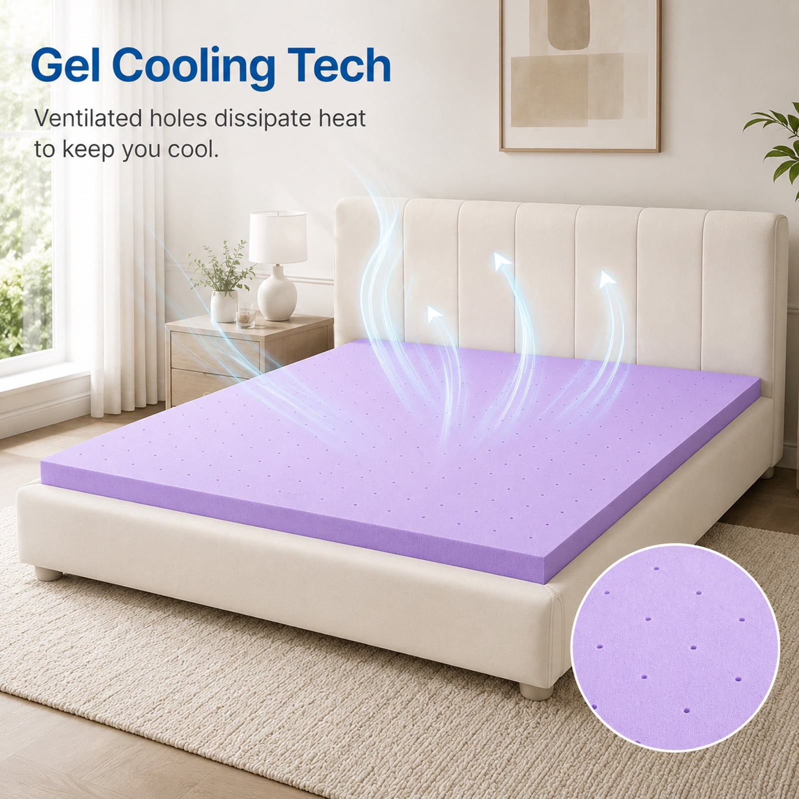 Alvantor 1.5 Inch Cooling Gel Memory Foam Mattress Topper Pressure Relief Pad, Ventilated Design Bed Topper, Purple