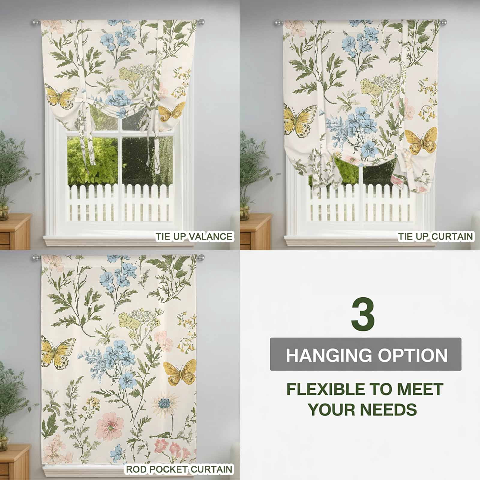 Colored Wildflowers Tie Up Curtain 45 Inches Long, Butterfly Leaf Linen Texture Balloon Style Kitchen Window Curtain Over Sink, Small Window Rod Pocket Curtain 34"x45"