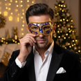 thumbnail image 4 of Masquerade Mask Blue and Gold Fabric Eye Mask for Men Tie Strap for Party Masquerade Balls Holiday Events, 4 of 5