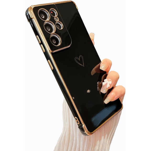 for Samsung Galaxy S21 Ultra 5G Case,Cute Plating Edge Love Hearts Pattern with Camera Lens Protection Phone Cover for Girls Women,Black