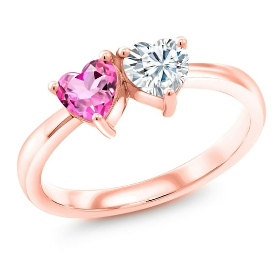 Gem Stone King 18K Rose Gold Plated Silver Fashion Right-Hand Ring Heart Shape Pink Mystic Topaz and Moissanite (1.02 Cttw, Size 7)