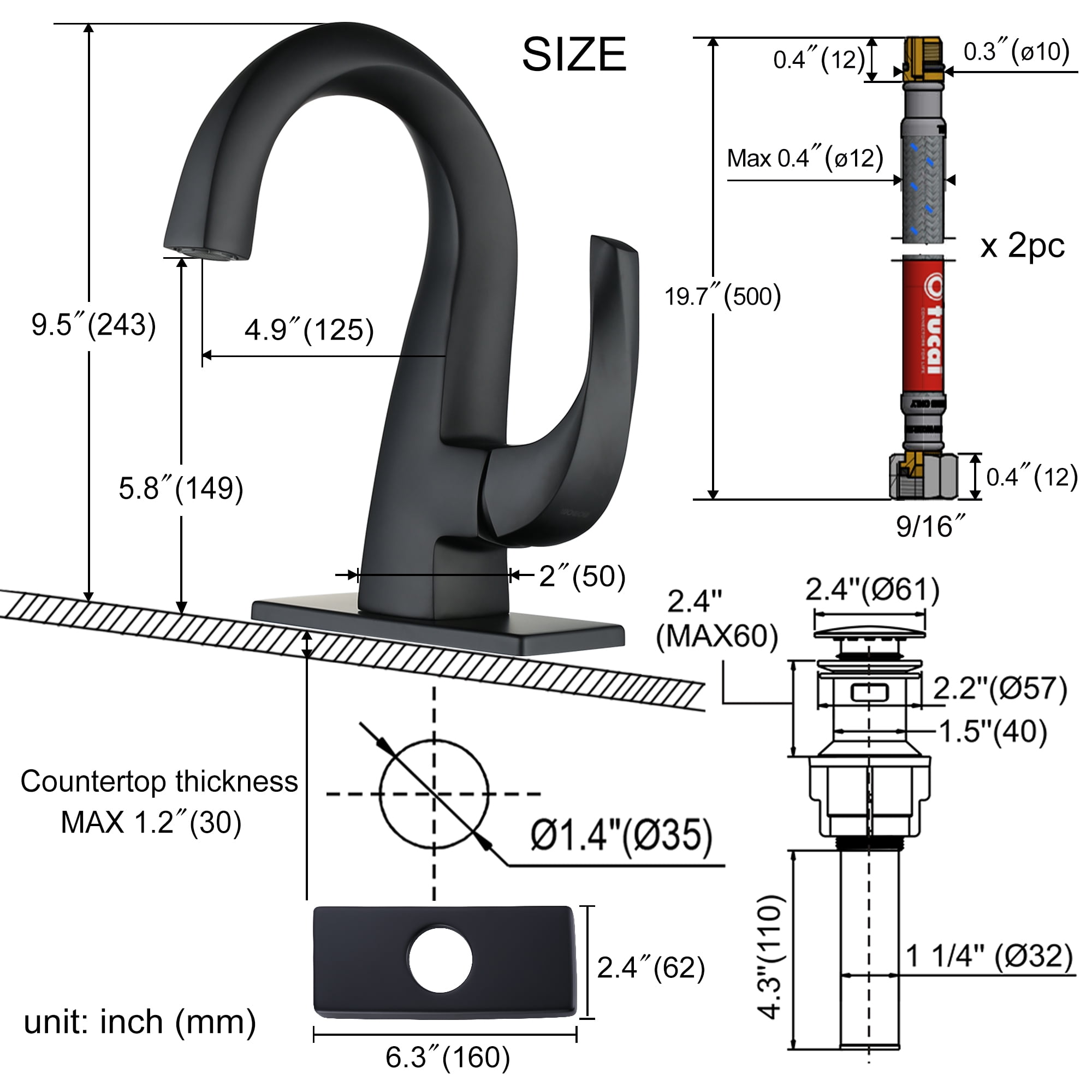 WOWOW Matte Black Bathroom Faucet Single Handle Bathroom Basin Faucet with Deck Plate