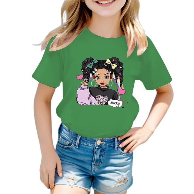PMVFHDE Hauts à Manches Courtes pour Filles Hauts Mignons pour Filles Tendance Hauts d'Été pour Filles Robe T-Shirt Mignonne Graphique Col Rond Manches Courtes T-Shirt Décontracté d'Été Vert, 7-8 Ans