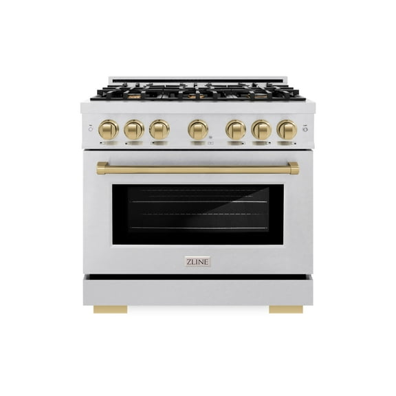 ZLINE Autograph Edition 36 in. 5.2 cu. ft. Dual Fuel Range with 6 Burner Gas Cooktop and Electric Convection Oven in DuraSnow Stainless Steel with Champagne Bronze Accents (HDRSZ-36-CB)