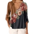 thumbnail image 3 of Blusa Camisa con cuello en V y estampado floral Blusa suelta de manga larga Top de mujer, Café, S sidaley AP002021-41, 3 of 5