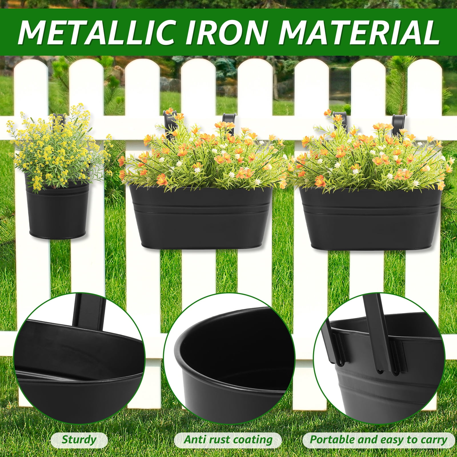 AEVXKHI 6 Pack Metal Railing Planters for Outdoor Plants, Large Iron Balcony Hanging Planter, Flower Pots with Detachable Hook and Drainage Hole, Hanging Bucket Rail Pot for Home Garden Fence