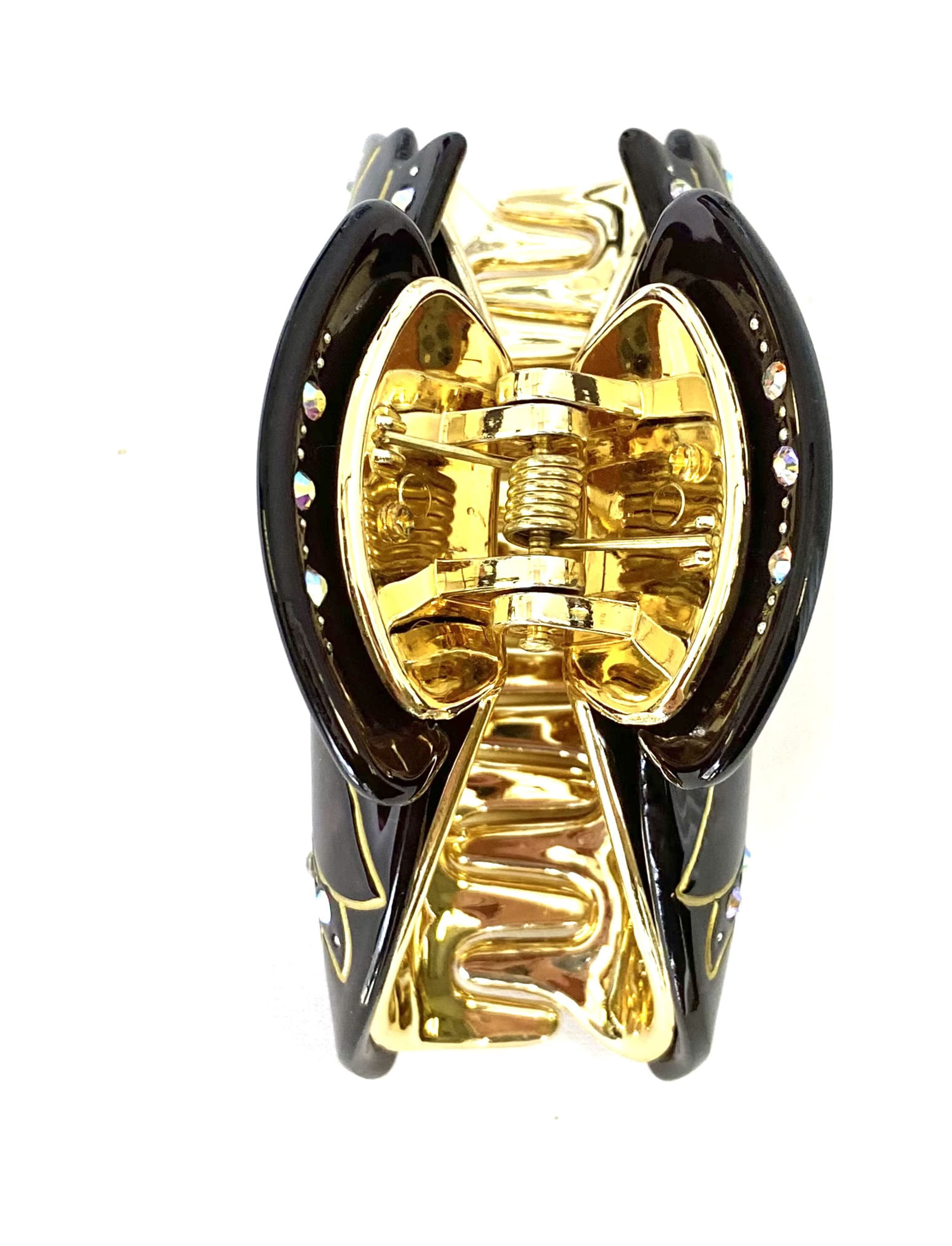 Hair Claw Hair Clips Black Marble With Gold Tulips and Crystals Pack of 12